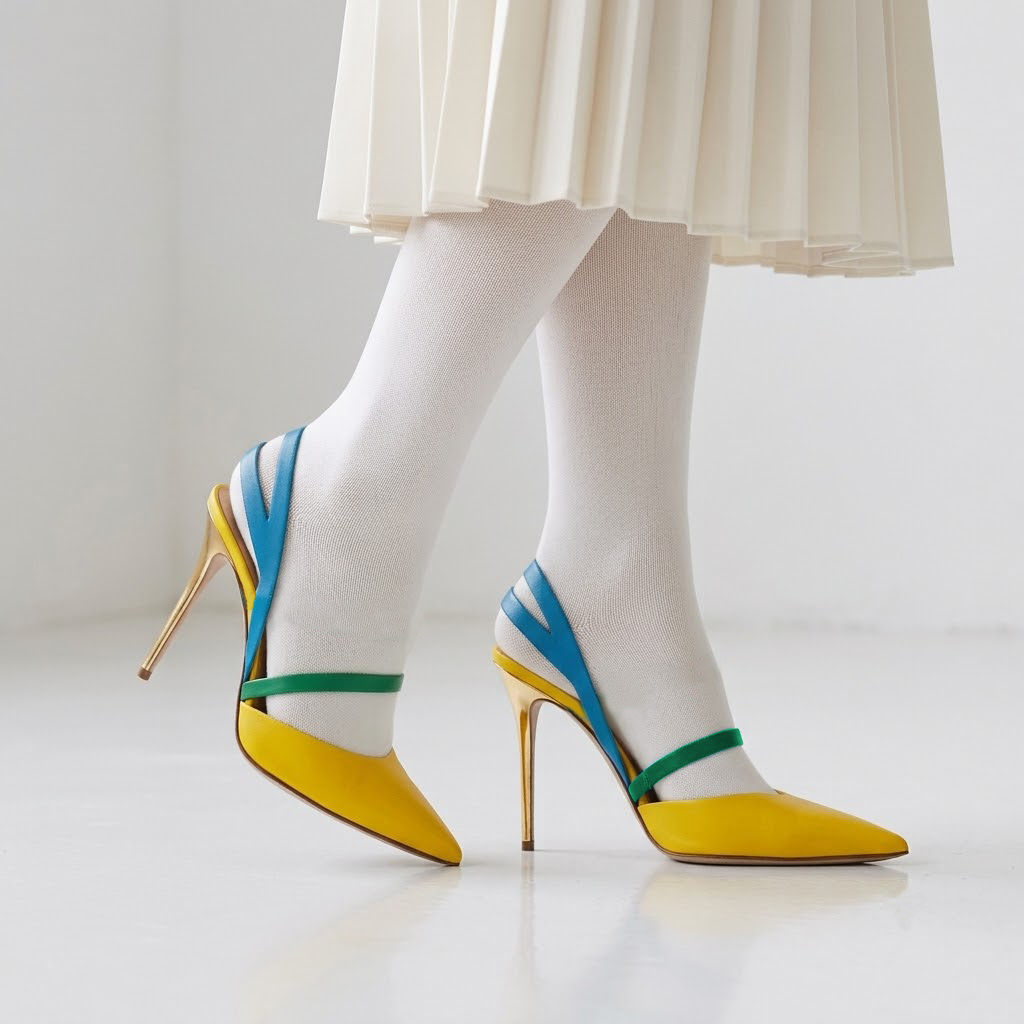115mm "Spring Breath" Blue-Green-Yellow Belted Leather Pumps