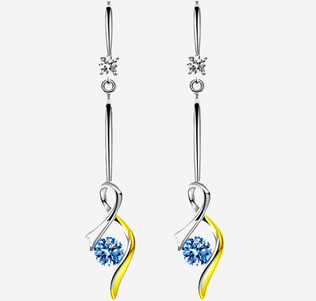 Women Solid Sliver Plated Gold Blue Rhinestone Earrings