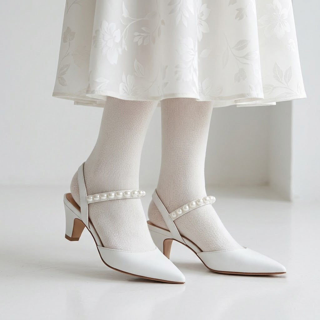 40mm White Leather with Pearls Belt Pumps
