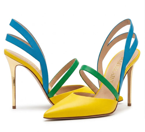 115mm "Spring Breath" Blue-Green-Yellow Belted Leather Pumps