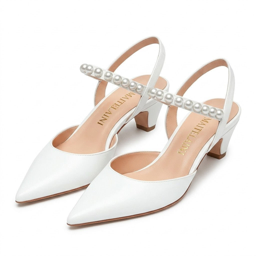 40mm White Leather with Pearls Belt Pumps