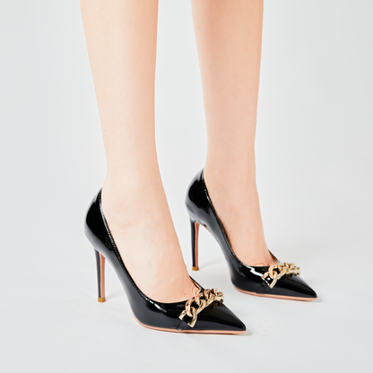 Black Patent Leather Mental Chain Pumps