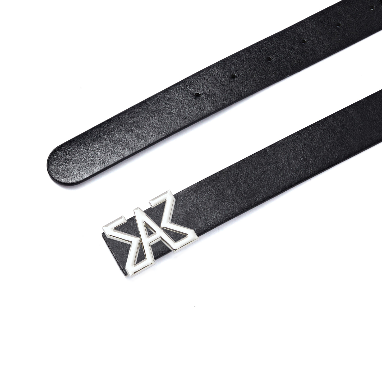 Women Black Leather Belt with White Buckle