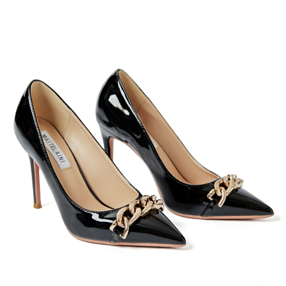 Black Patent Leather Mental Chain Pumps