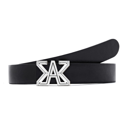 Women Black Leather Belt with White Buckle