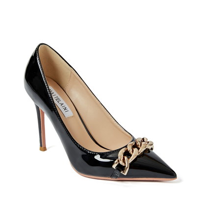 Black Patent Leather Mental Chain Pumps