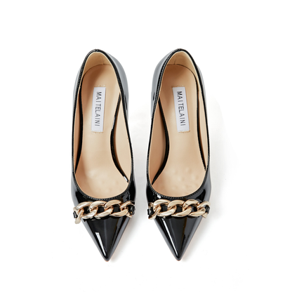 Black Patent Leather Mental Chain Pumps