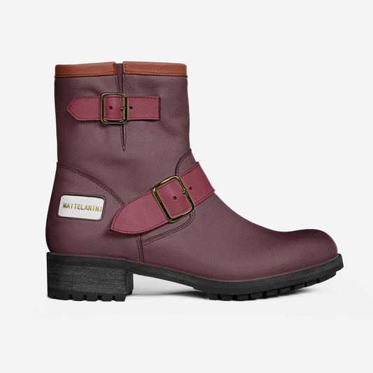 Wine Color Leather Short Boots